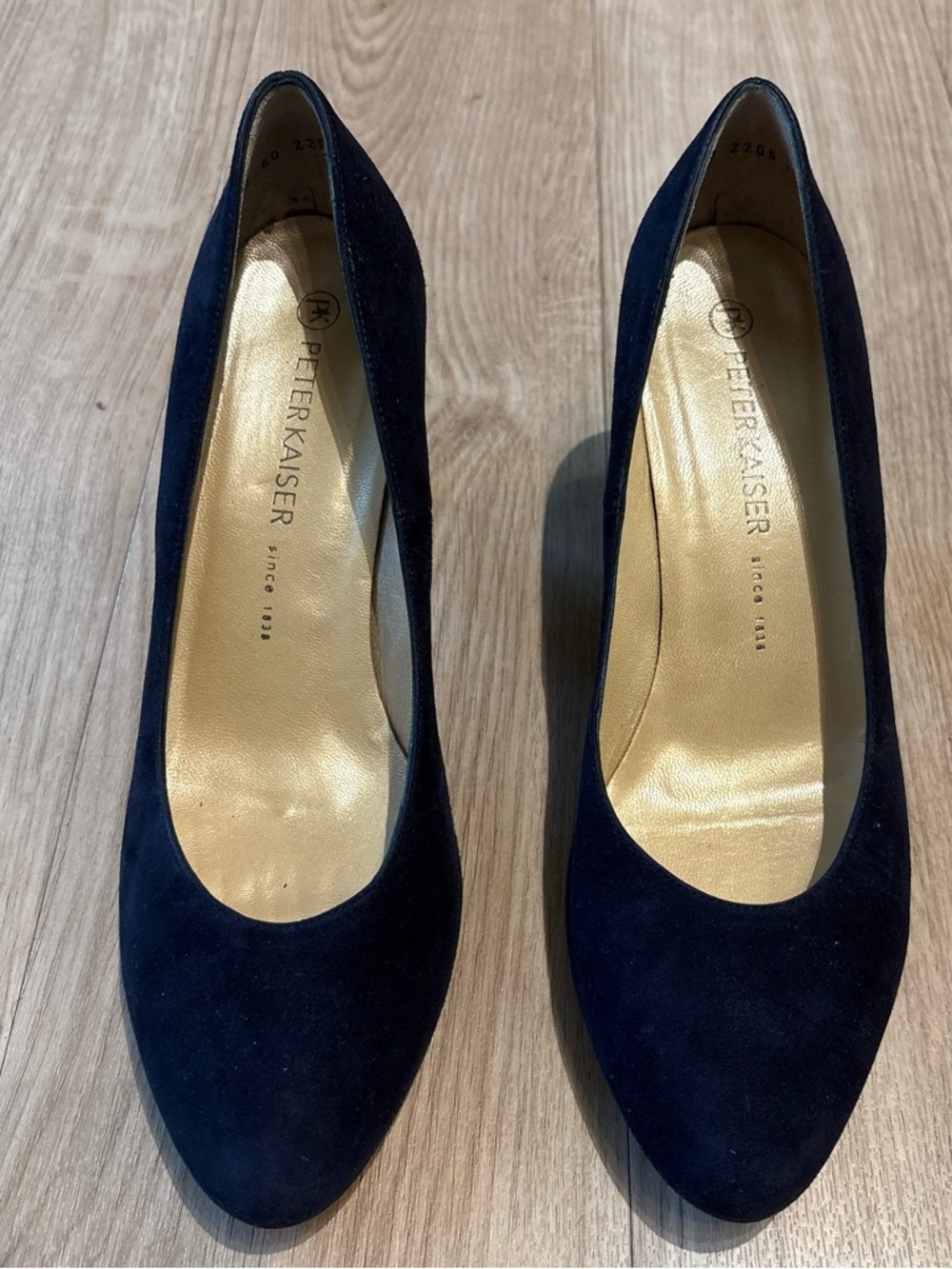 Peter Kaiser Navy Suede Round-Toe Pumps with Gold Insole